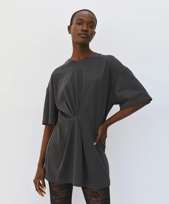 T-shirt long plissé en coton — Anthracite