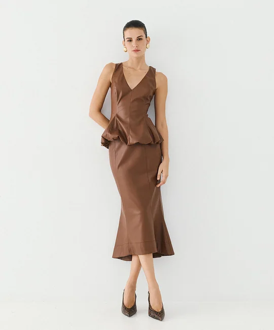 Top péplum en simili cuir — Cognac