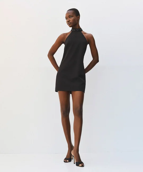 Robe courte col licou orné de pierres — Noir