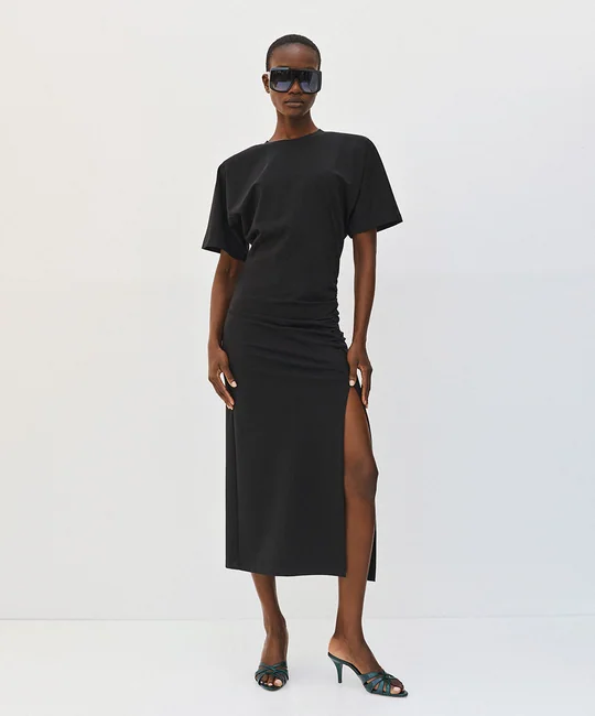 Robe midi fendue et froncée — Noir