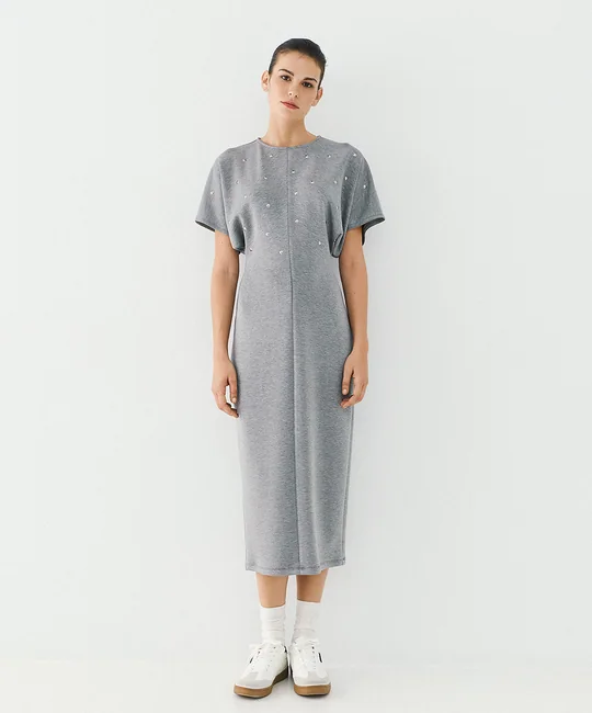 Robe midi manches chauve-souris à strass — Gris