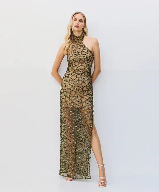 Robe longue à sequins col licou — Olive