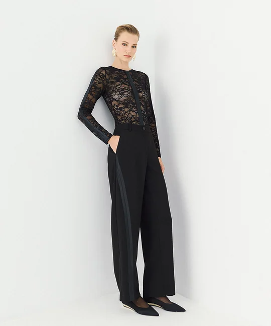 Pantalon large à détails satinés — Noir