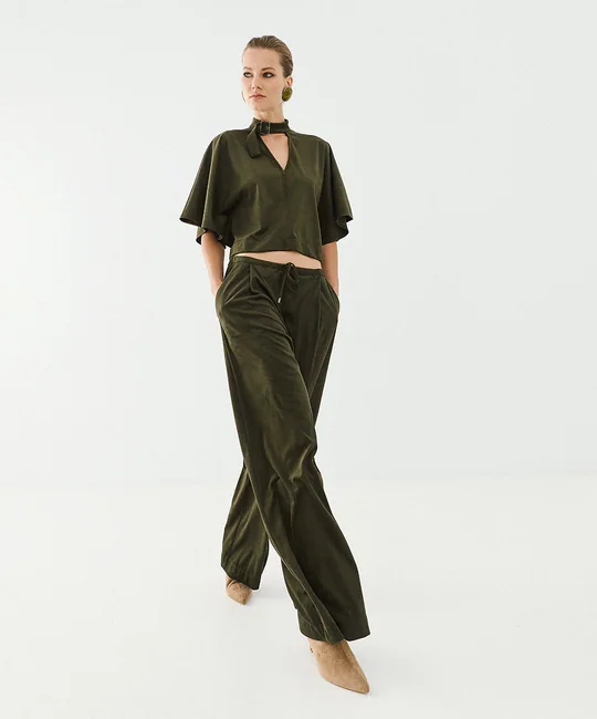 Pantalon suédine taille élastique — Olive