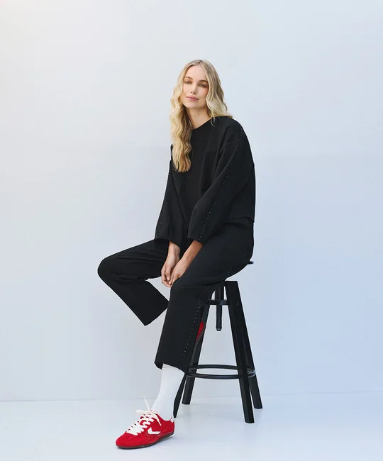 Pantalon droit 7/8 taille élastique à strass — Noir
