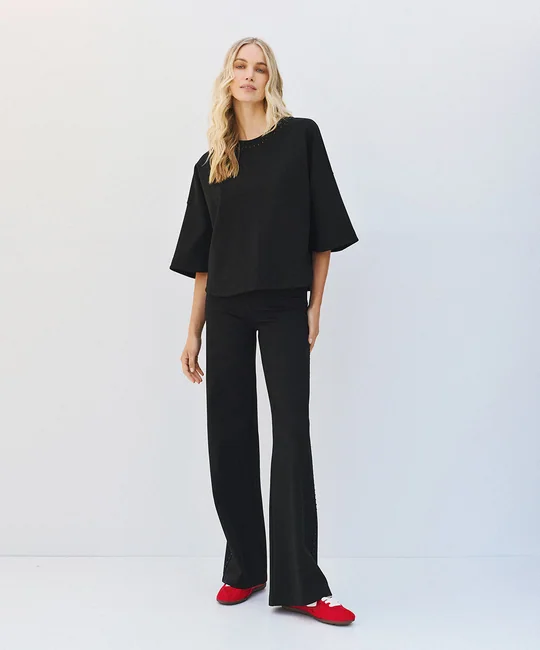 Pantalon évasé taille élastique à strass — Noir