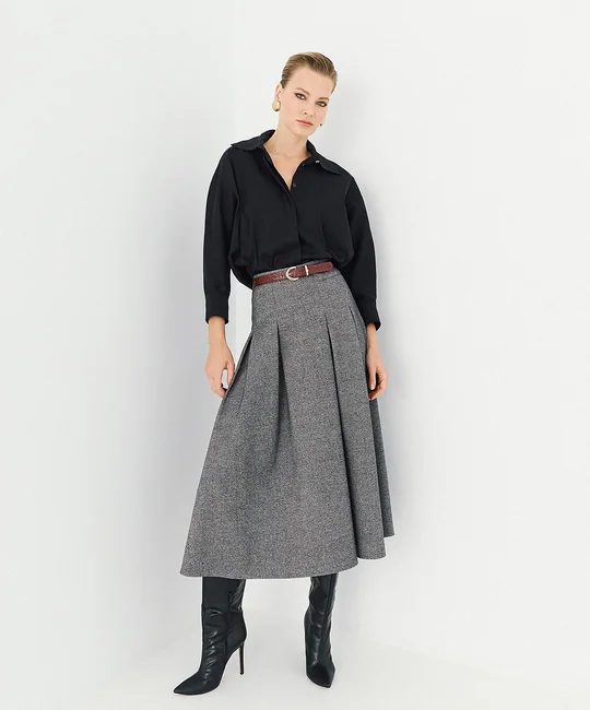 Jupe midi à plis creux — Gris