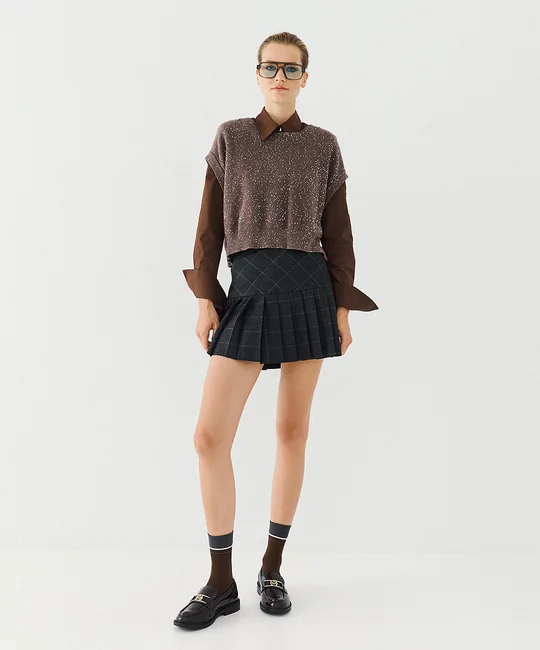 Jupe courte plissée à carreaux — Anthracite