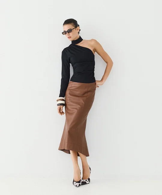 Jupe midi sirène en simili cuir — Cognac